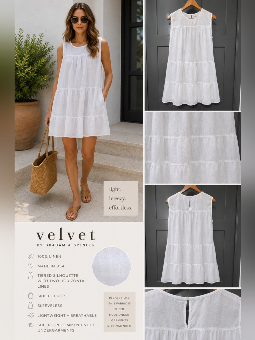 Velvet Graham & Spencer White 100% Linen Tiered Tunic Dress M